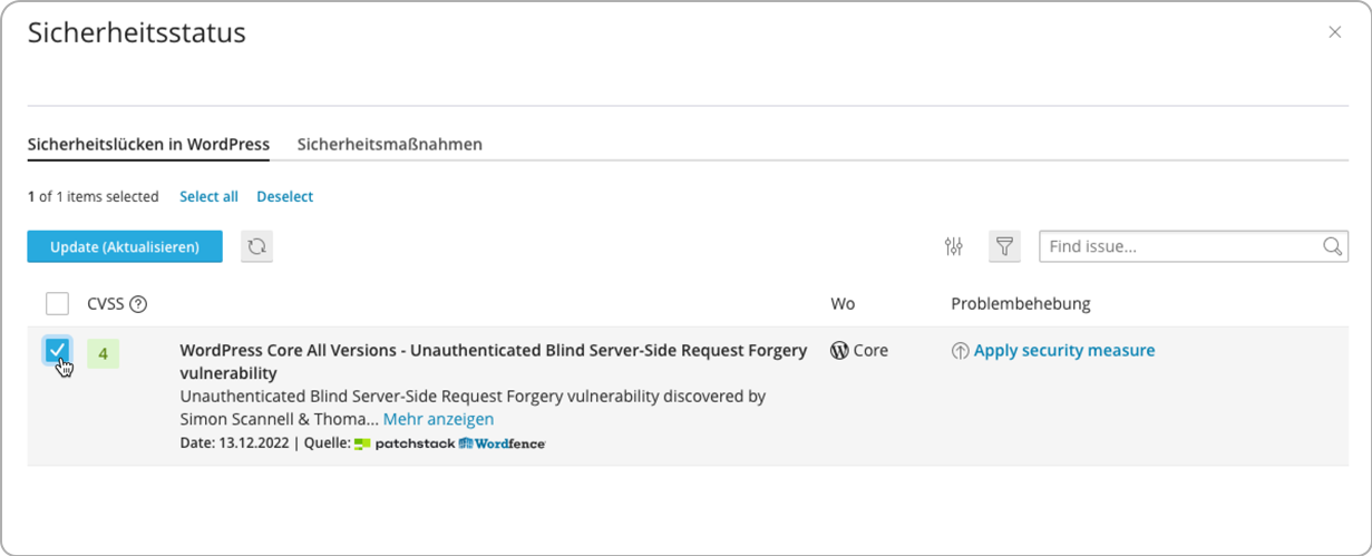 Screenshot: WordPress Sicherheit
