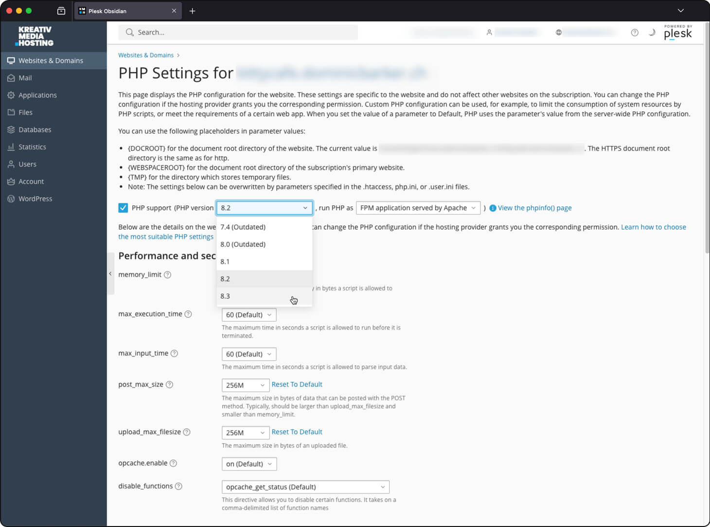 Screenshot: Plesk PHP Einstellungen