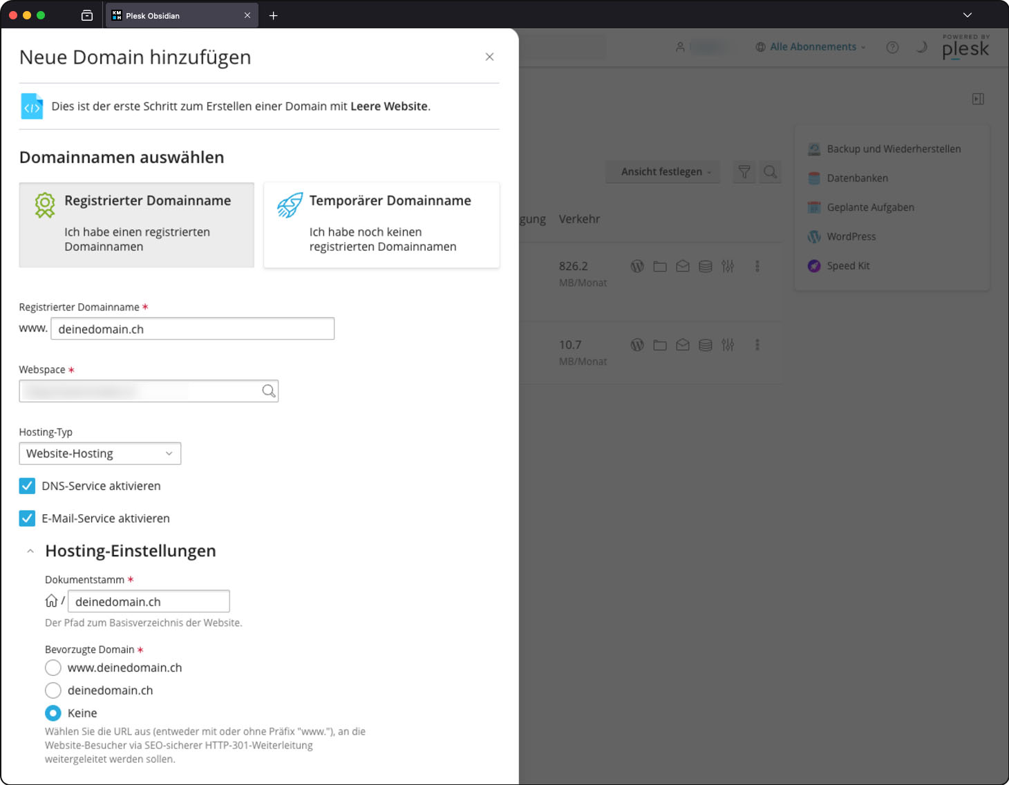Screenshot: Plesk Neue Domain hinzufügen