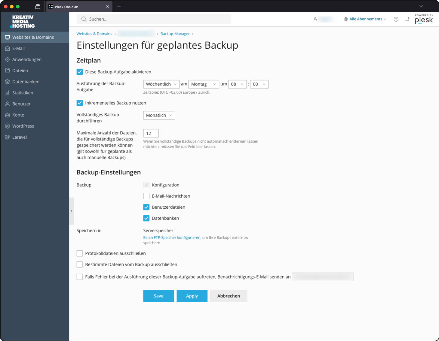 Screenshot: Plesk Einstellungen für geplantes Backup