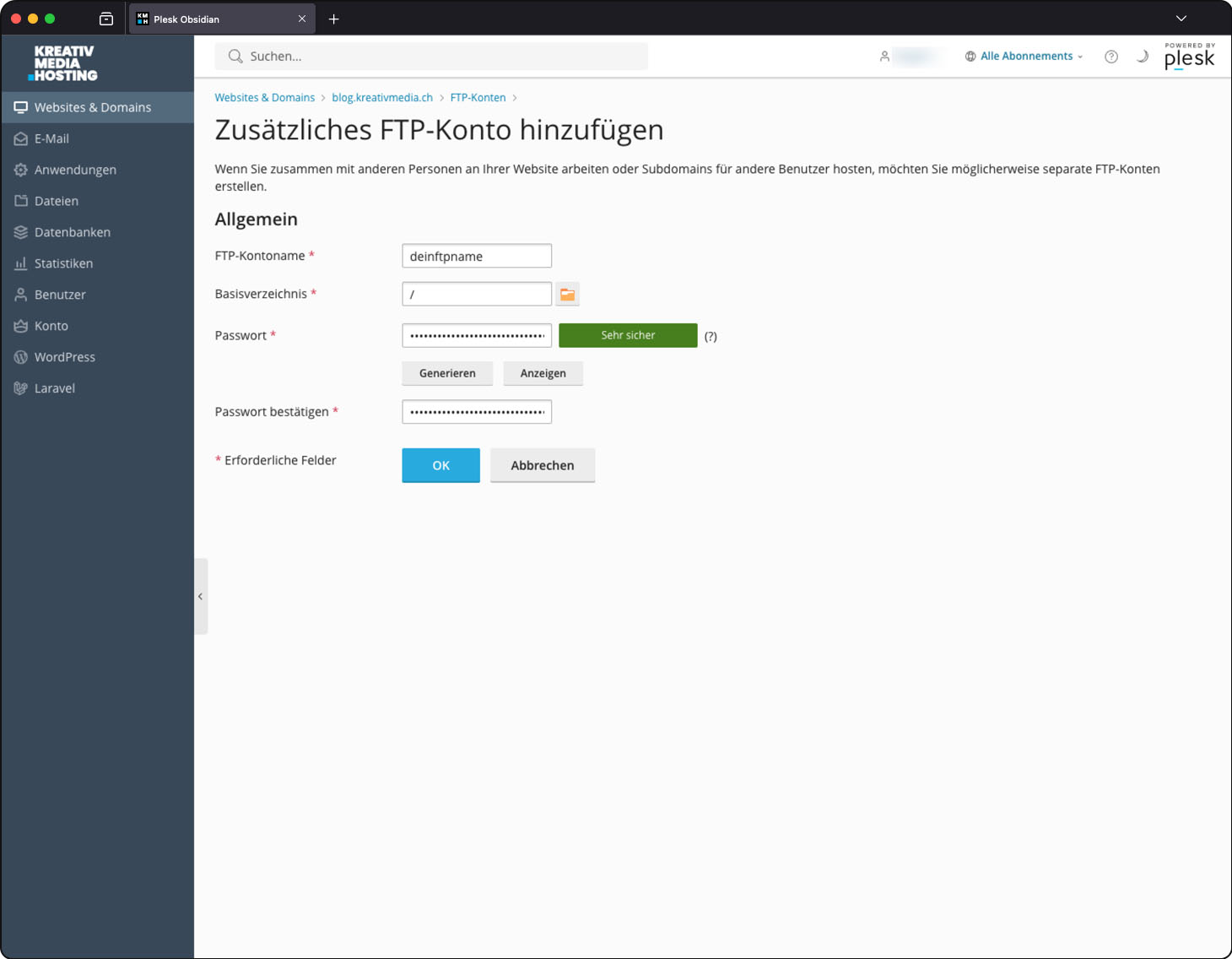 Screenshot: Plesk Zusätzliches FTP-Konto hinzufügen