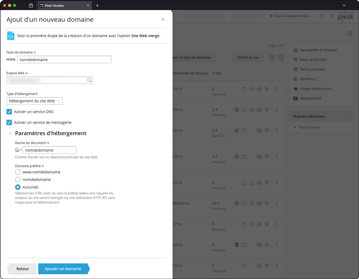 Capture d'écran : Plesk Ajouter un nouveau domaine