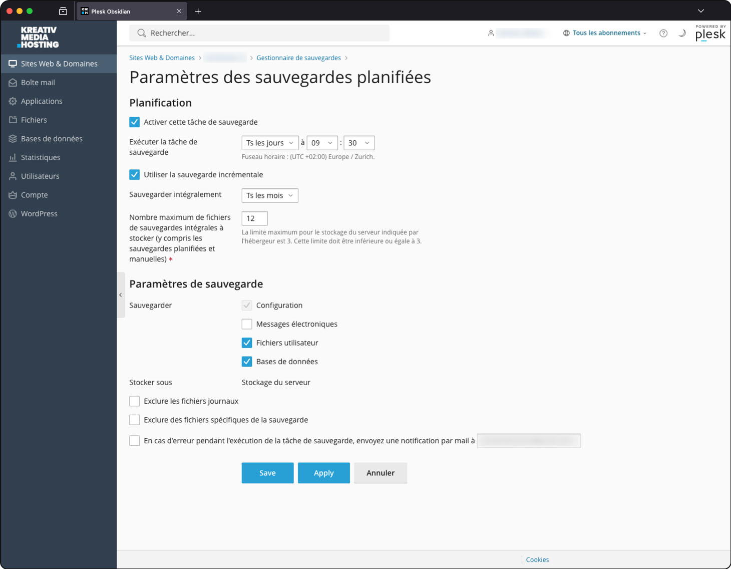 Capture d'écran : Paramètres Plesk pour la sauvegarde planifiée