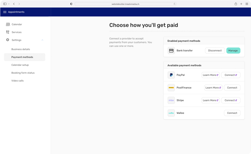 Screenshot: Website Builder Select the possible payment methods