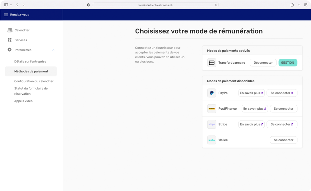 Capture d'écran : Website Builder Sélectionnez les modes de paiement possibles