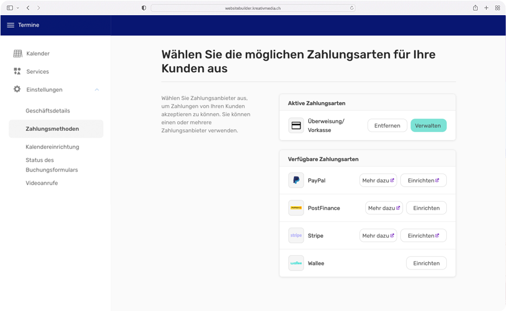 Screenshot: Website Builder Wählen Sie die möglichen Zahlungsarten