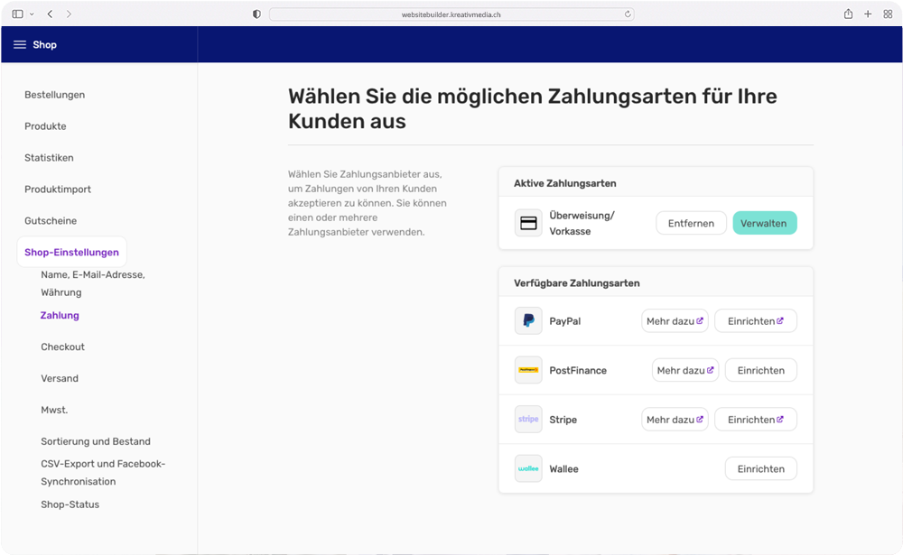 Screenshot: Website Builder Shop Zahlungsarten