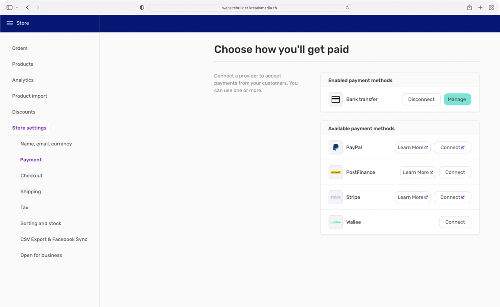 Screenshot: Website Builder Shop payment methods