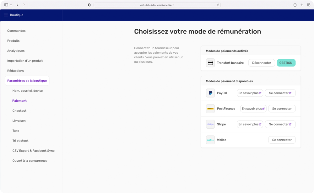 Capture d'écran : Modes de paiement de la boutique Website Builder