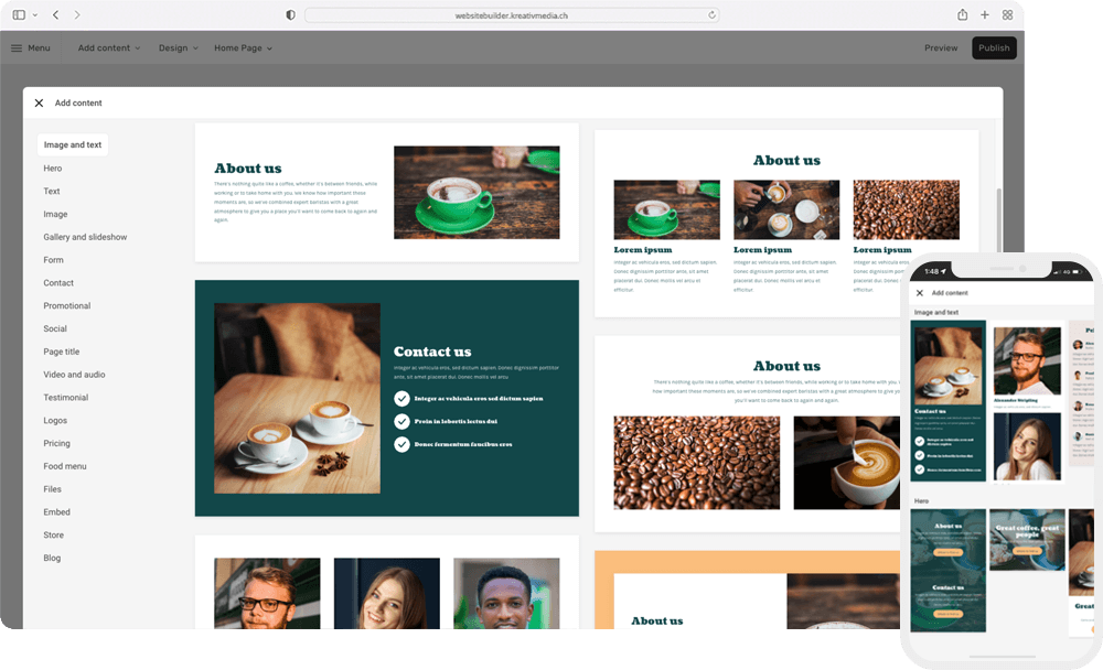 Screenshot: Website Builder sections